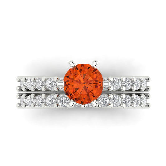 1.66 cttw Round Cut Simulated Red Diamond Bridal Set - Solid White Gold Engagement Ring & Wedding Band