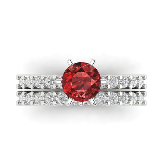 1.66 cttw Round Cut Natural Garnet Bridal Set - Solid White Gold Engagement Ring & Wedding Band