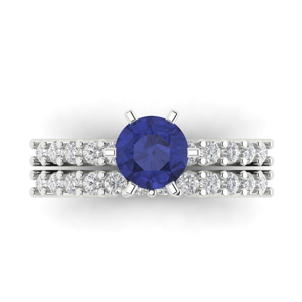 1.66 cttw Round Cut Simulated Tanzanite Bridal Set - Solid White Gold Engagement Ring & Wedding Band