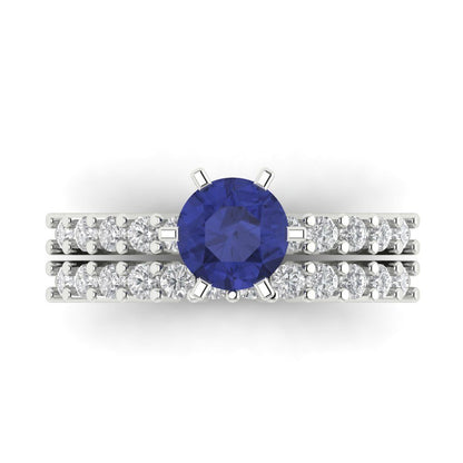 1.66 cttw Round Cut Simulated Tanzanite Bridal Set - Solid White Gold Engagement Ring & Wedding Band