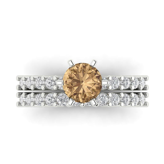 1.66 cttw Round Cut Simulated Champagne Diamond Bridal Set - Solid White Gold Engagement Ring & Wedding Band