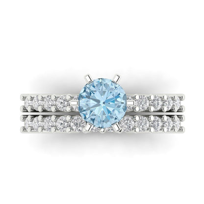 1.66 cttw Round Cut Natural Swiss Blue Topaz Bridal Set - Solid White Gold Engagement Ring & Wedding Band