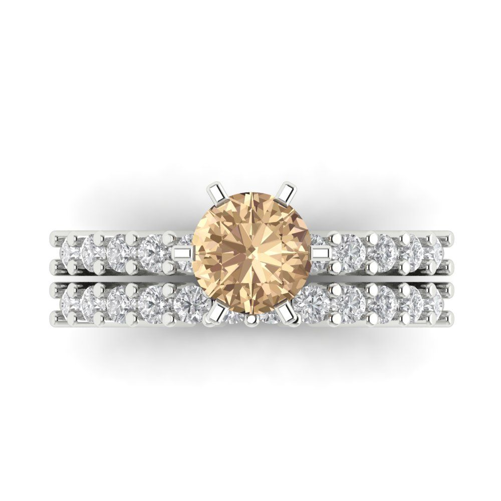 1.66 cttw Round Cut Yellow Moissanite Bridal Set - Solid White Gold Engagement Ring & Wedding Band