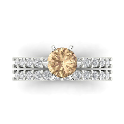 1.66 cttw Round Cut Yellow Moissanite Bridal Set - Solid White Gold Engagement Ring & Wedding Band