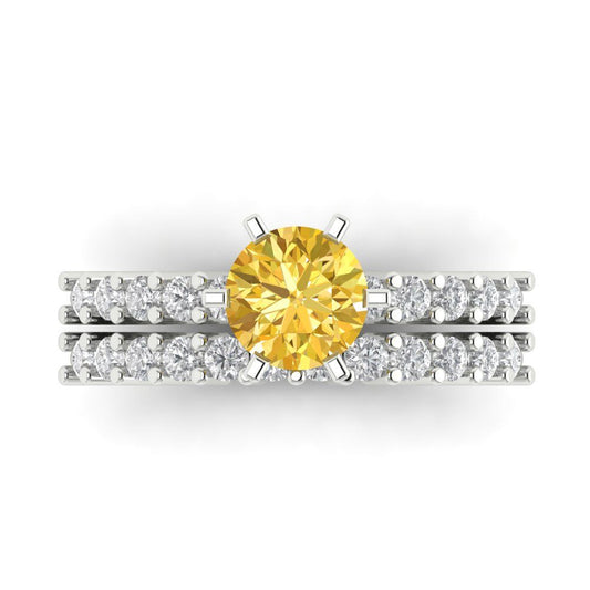 1.66 cttw Round Cut Natural Citrine Bridal Set - Solid White Gold Engagement Ring & Wedding Band