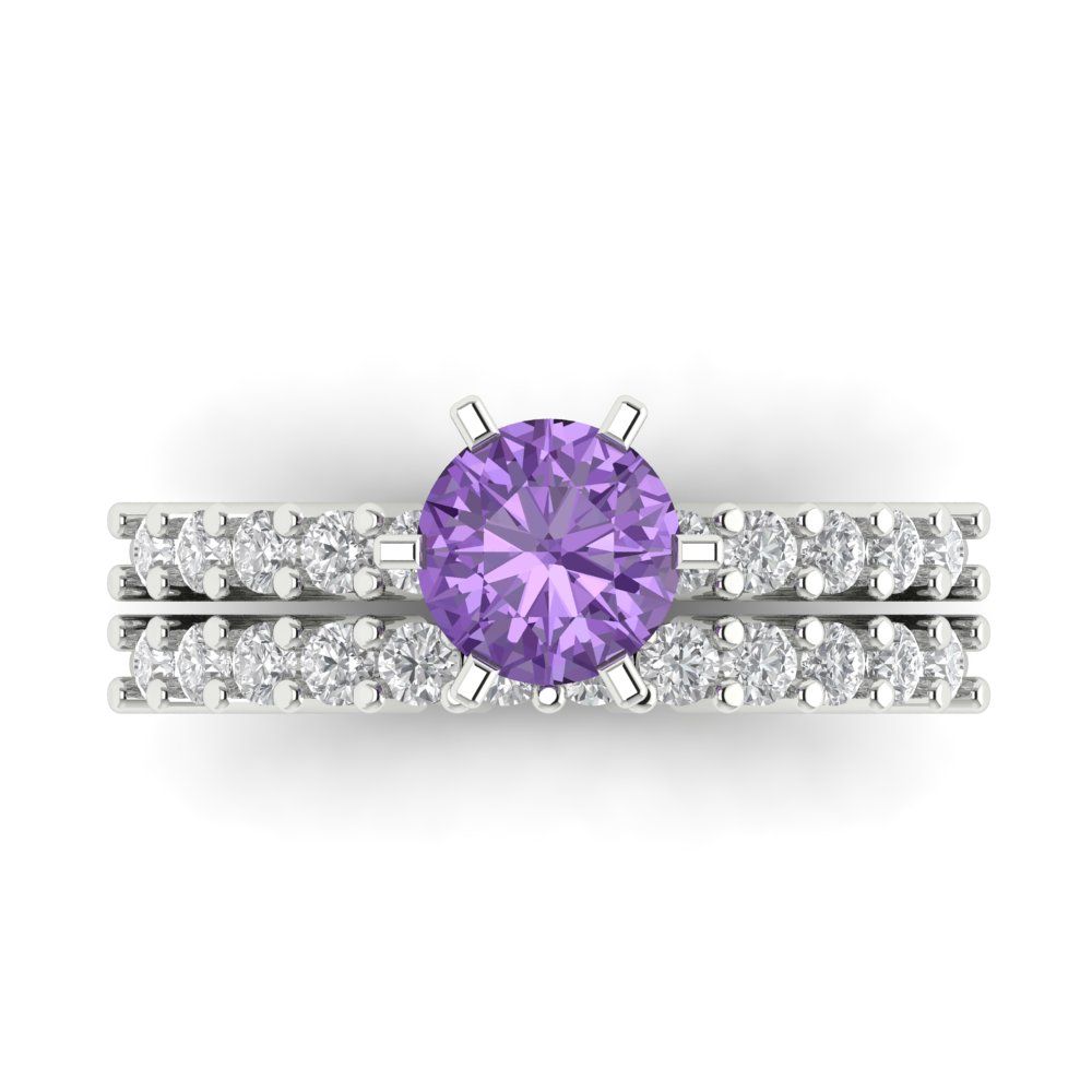 1.66 cttw Round Cut Simulated Alexandrite Bridal Set - Solid White Gold Engagement Ring & Wedding Band