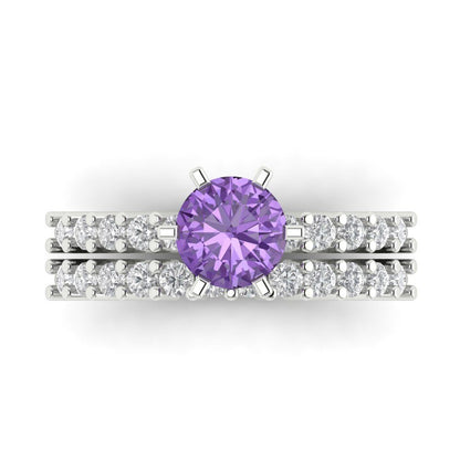 1.66 cttw Round Cut Simulated Alexandrite Bridal Set - Solid White Gold Engagement Ring & Wedding Band