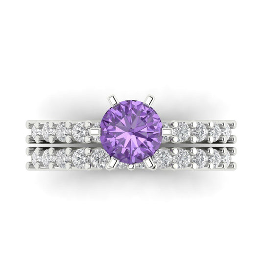 1.66 cttw Round Cut Simulated Alexandrite Bridal Set - Solid White Gold Engagement Ring & Wedding Band