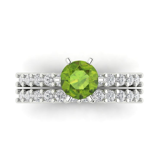 1.66 cttw Round Cut Natural Peridot Bridal Set - Solid White Gold Engagement Ring & Wedding Band