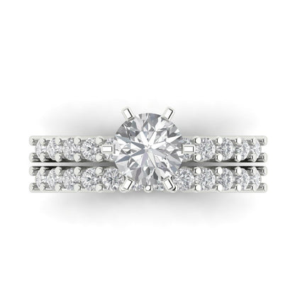 1.66 cttw Round Cut White Sapphire Bridal Set - Solid White Gold Engagement Ring & Wedding Band