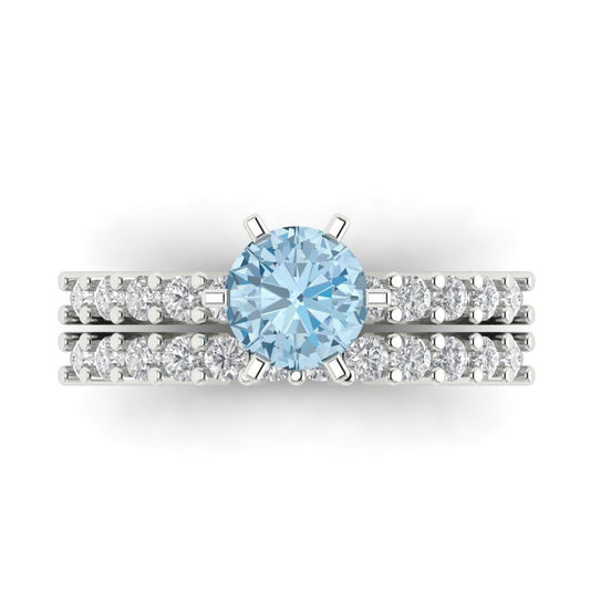 1.66 cttw Round Cut Simulated Blue Diamond Bridal Set - Solid White Gold Engagement Ring & Wedding Band