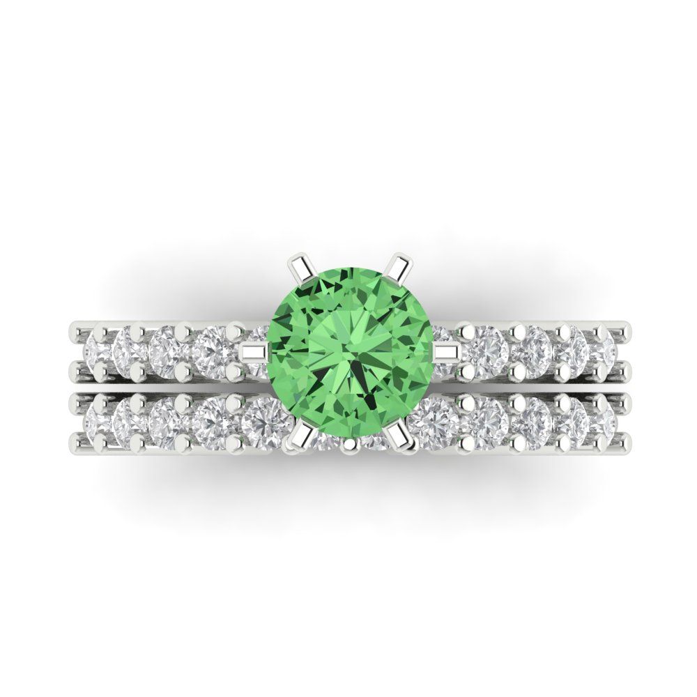 1.66 cttw Round Cut Simulated Green Diamond Bridal Set - Solid White Gold Engagement Ring & Wedding Band