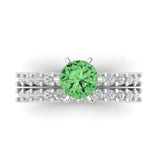 1.66 cttw Round Cut Simulated Green Diamond Bridal Set - Solid White Gold Engagement Ring & Wedding Band