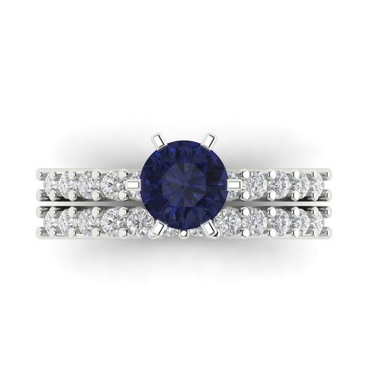 1.66 cttw Round Cut Simulated Blue Sapphire Bridal Set - Solid White Gold Engagement Ring & Wedding Band
