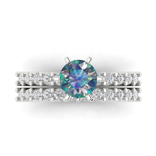 1.66 cttw Round Cut Blue Moissanite Bridal Set - Solid White Gold Engagement Ring & Wedding Band
