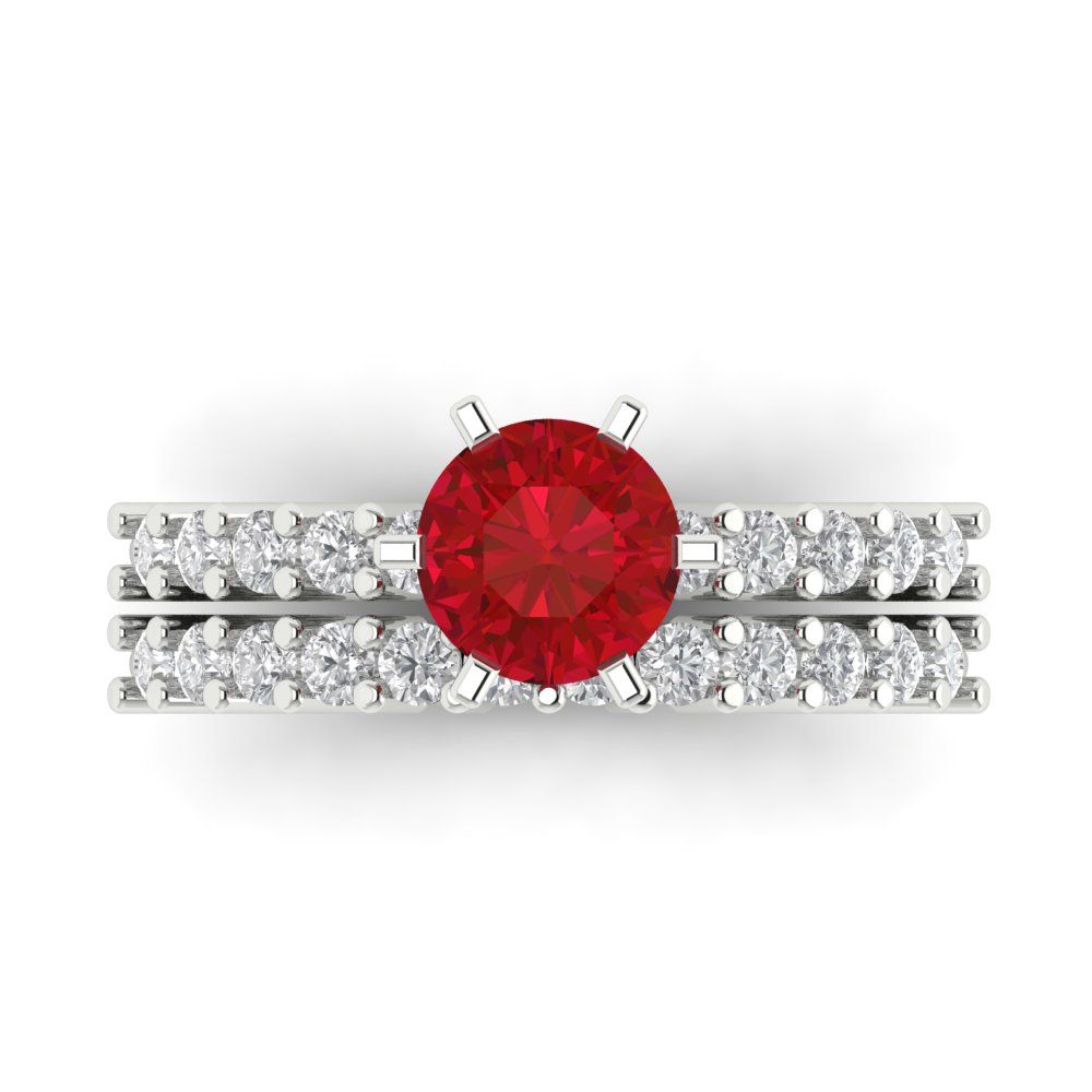 1.66 cttw Round Cut Simulated Ruby Bridal Set - Solid White Gold Engagement Ring & Wedding Band