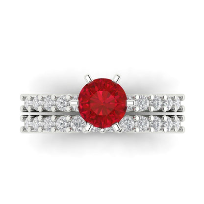 1.66 cttw Round Cut Simulated Ruby Bridal Set - Solid White Gold Engagement Ring & Wedding Band