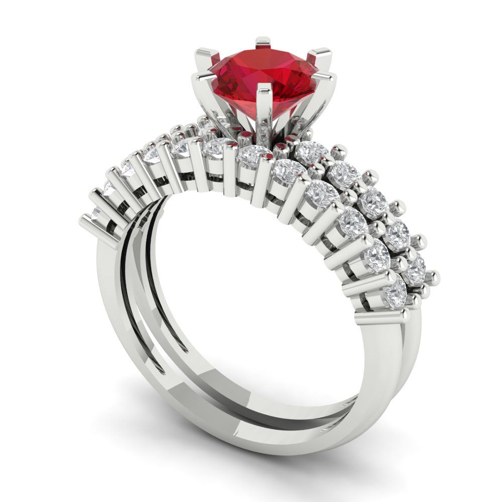 1.66 cttw Round Cut Simulated Ruby Bridal Set - Solid White Gold Engagement Ring & Wedding Band