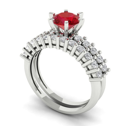 1.66 cttw Round Cut Simulated Ruby Bridal Set - Solid White Gold Engagement Ring & Wedding Band
