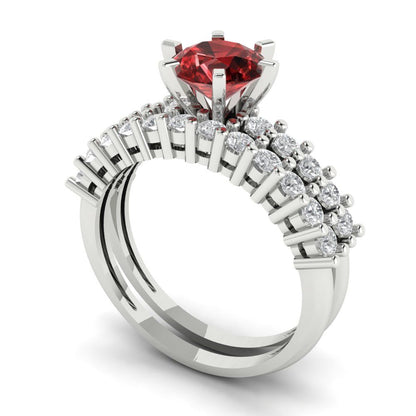 1.66 cttw Round Cut Natural Garnet Bridal Set - Solid White Gold Engagement Ring & Wedding Band