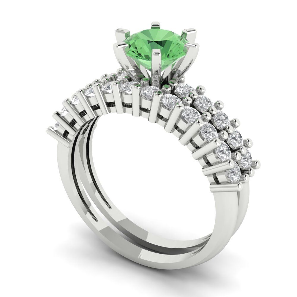 1.66 cttw Round Cut Simulated Green Diamond Bridal Set - Solid White Gold Engagement Ring & Wedding Band