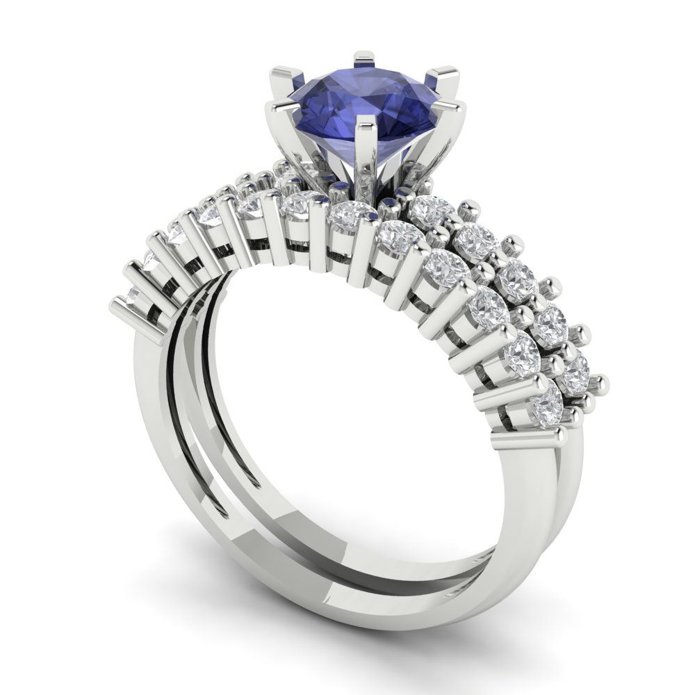 1.66 cttw Round Cut Simulated Tanzanite Bridal Set - Solid White Gold Engagement Ring & Wedding Band