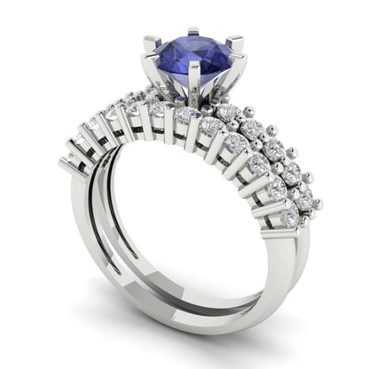 1.66 cttw Round Cut Simulated Tanzanite Bridal Set - Solid White Gold Engagement Ring & Wedding Band