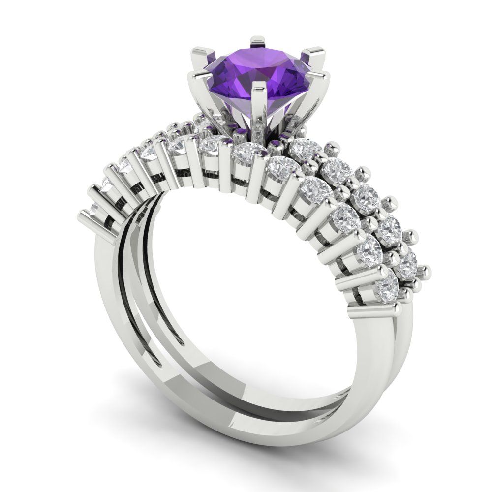 1.66 cttw Round Cut Natural Amethyst Bridal Set - Solid White Gold Engagement Ring & Wedding Band