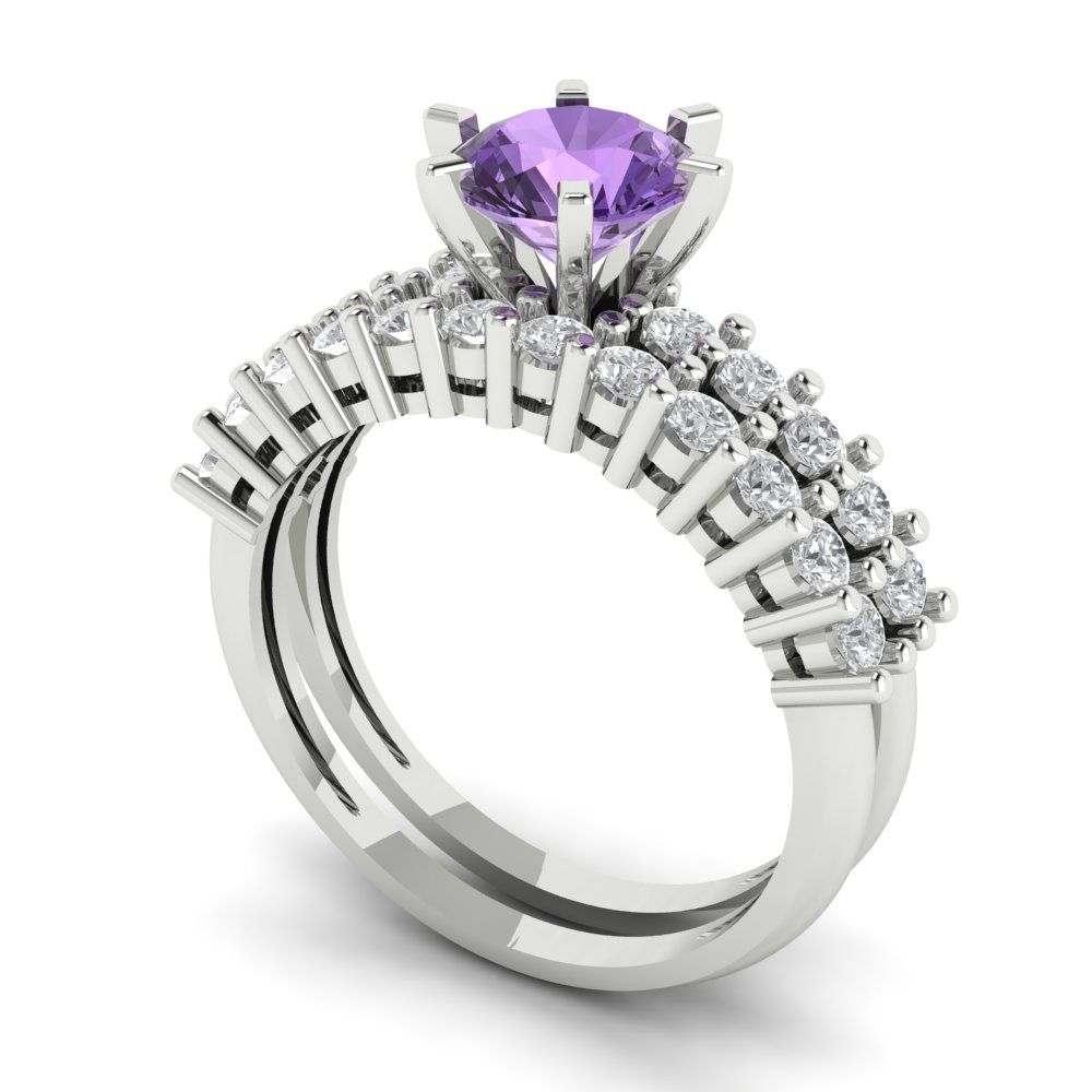 1.66 cttw Round Cut Simulated Alexandrite Bridal Set - Solid White Gold Engagement Ring & Wedding Band