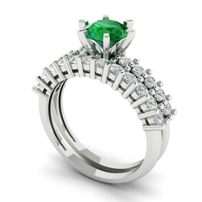 1.66 cttw Round Cut Simulated Emerald Bridal Set - Solid White Gold Engagement Ring & Wedding Band