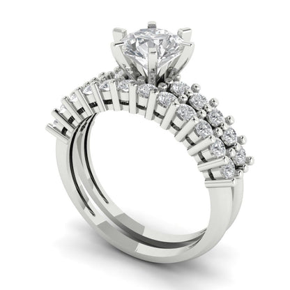 1.66 cttw Round Cut White Sapphire Bridal Set - Solid White Gold Engagement Ring & Wedding Band