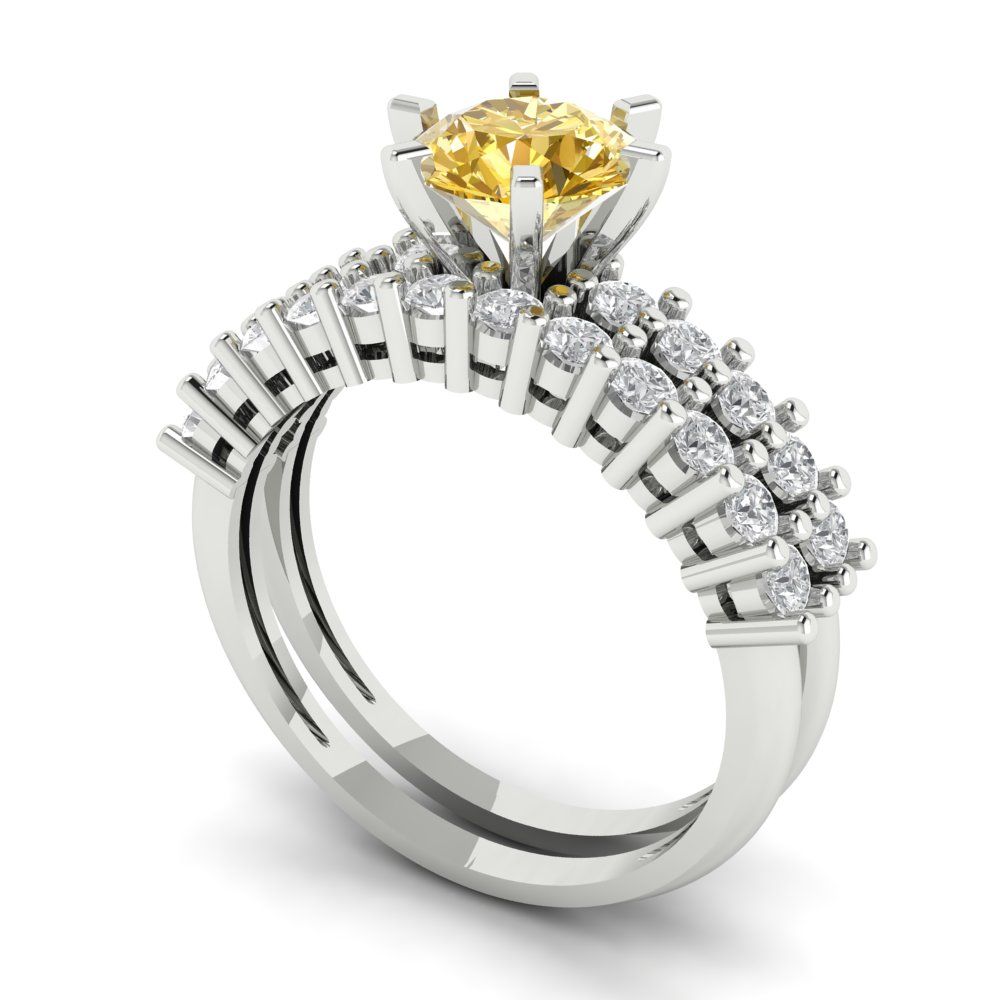 1.66 cttw Round Cut Simulated Yellow Diamond Bridal Set - Solid White Gold Engagement Ring & Wedding Band