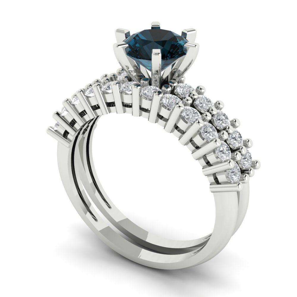 1.66 cttw Round Cut Natural London Blue Topaz Bridal Set - Solid White Gold Engagement Ring & Wedding Band