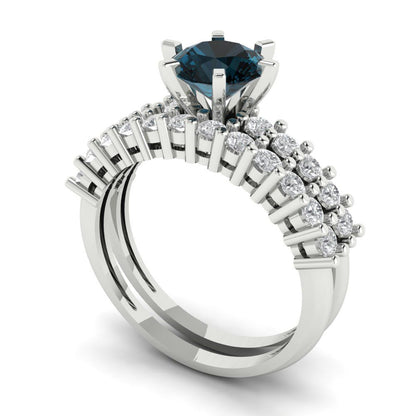 1.66 cttw Round Cut Natural London Blue Topaz Bridal Set - Solid White Gold Engagement Ring & Wedding Band
