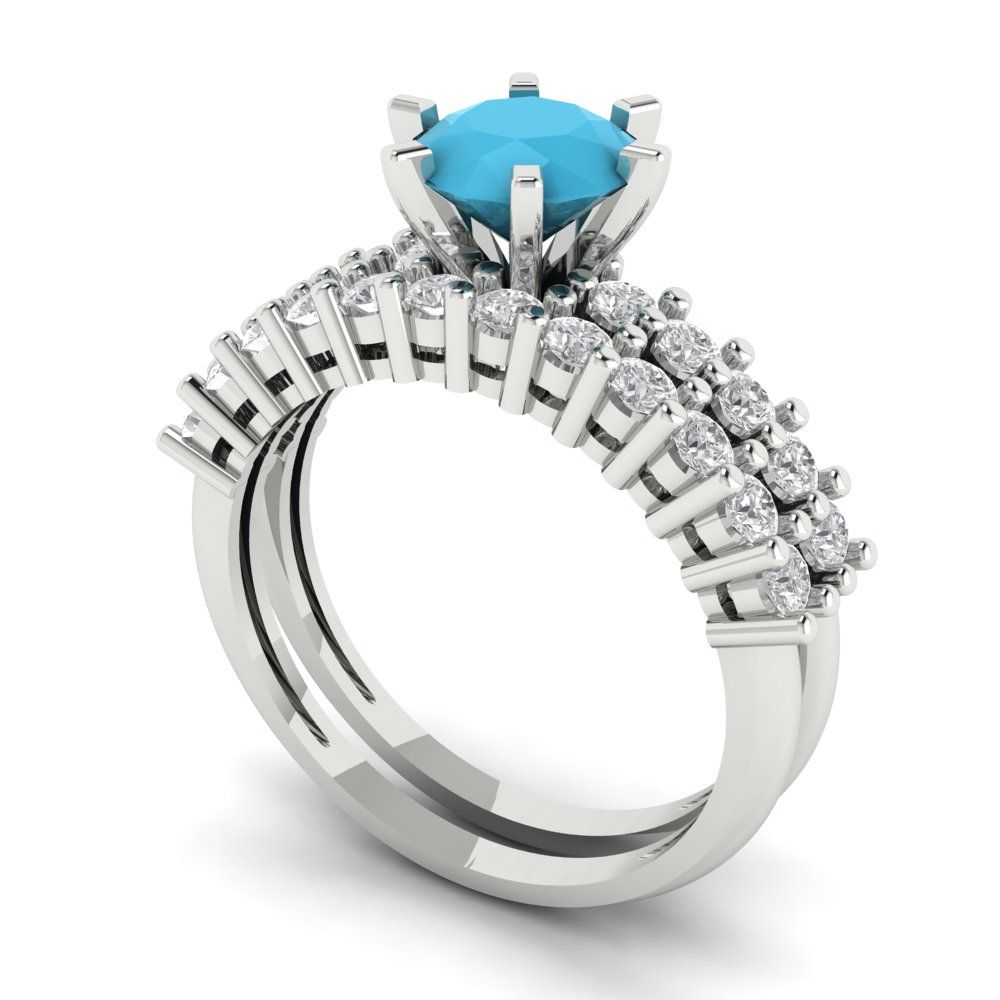 1.66 cttw Round Cut Simulated Turquoise Bridal Set - Solid White Gold Engagement Ring & Wedding Band