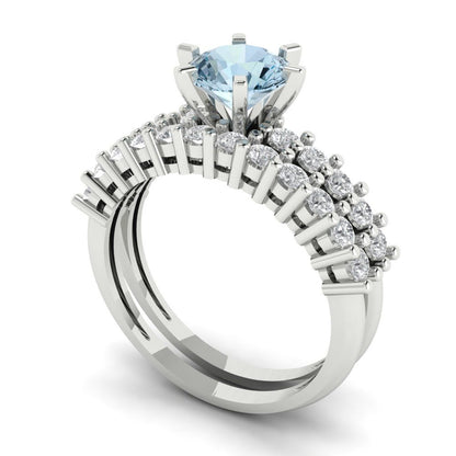 1.66 cttw Round Cut Simulated Blue Diamond Bridal Set - Solid White Gold Engagement Ring & Wedding Band