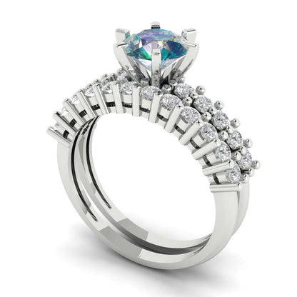 1.66 cttw Round Cut Blue Moissanite Bridal Set - Solid White Gold Engagement Ring & Wedding Band