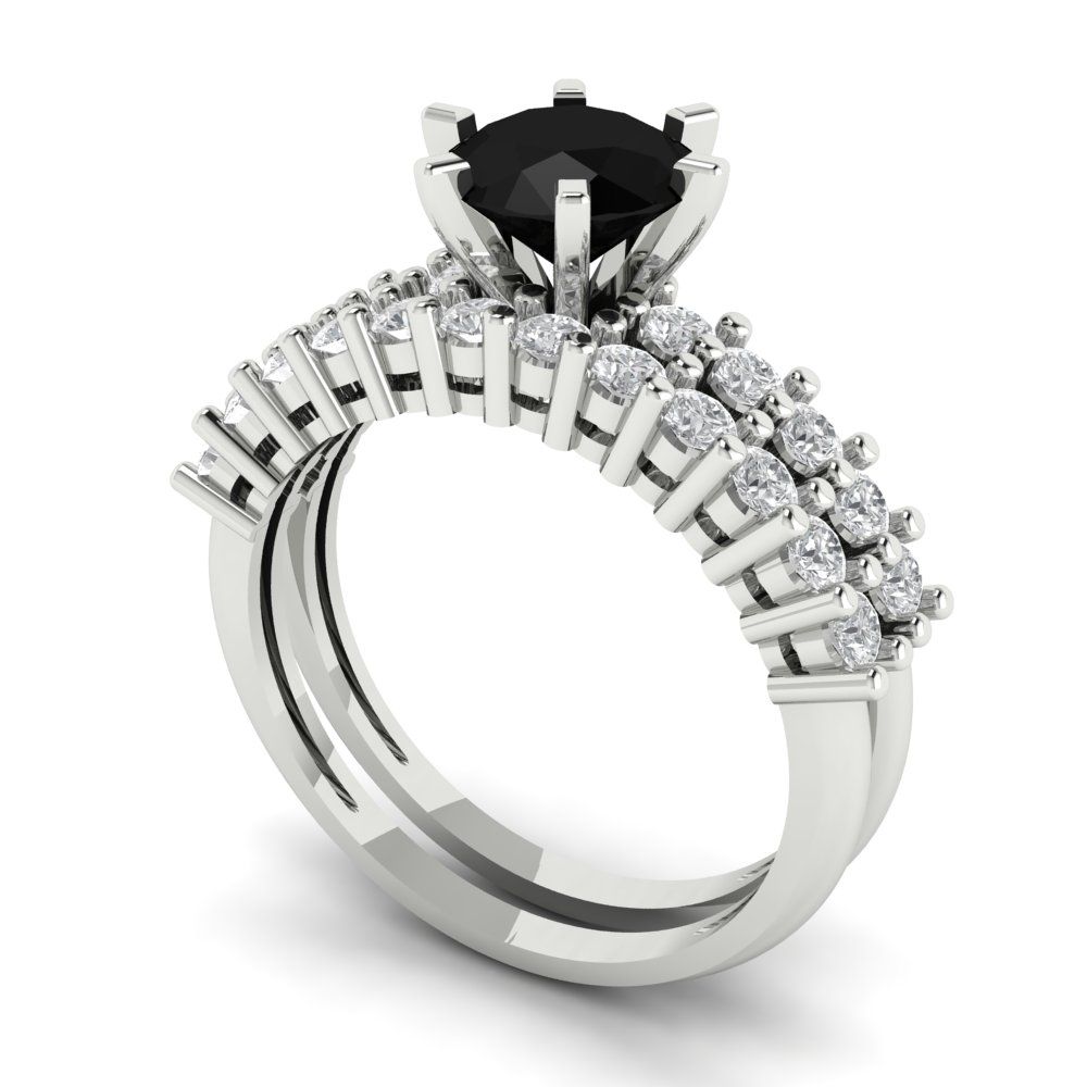 1.66 cttw Round Cut Natural Onyx Bridal Set - Solid White Gold Engagement Ring & Wedding Band