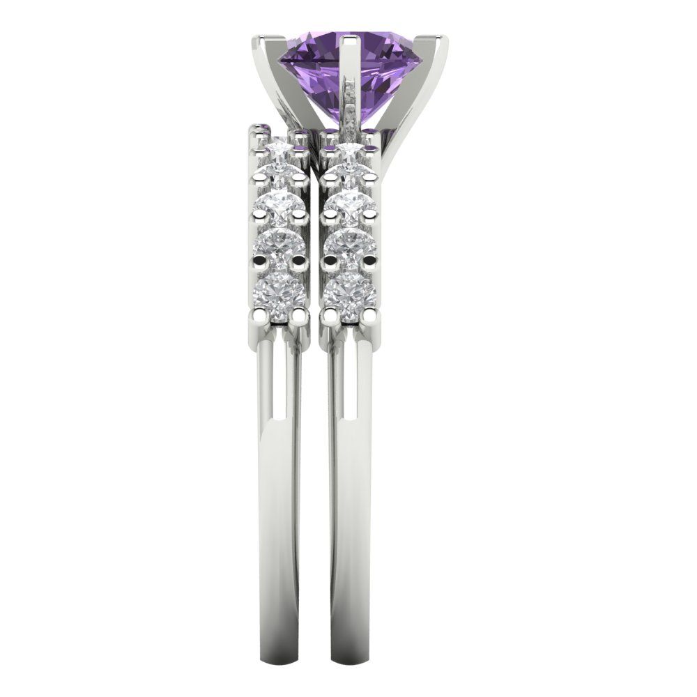 1.66 cttw Round Cut Simulated Alexandrite Bridal Set - Solid White Gold Engagement Ring & Wedding Band