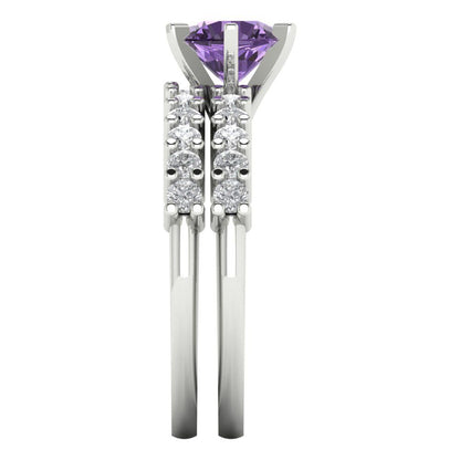 1.66 cttw Round Cut Simulated Alexandrite Bridal Set - Solid White Gold Engagement Ring & Wedding Band