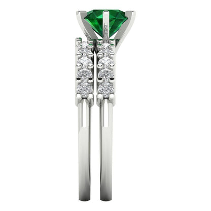 1.66 cttw Round Cut Simulated Emerald Bridal Set - Solid White Gold Engagement Ring & Wedding Band