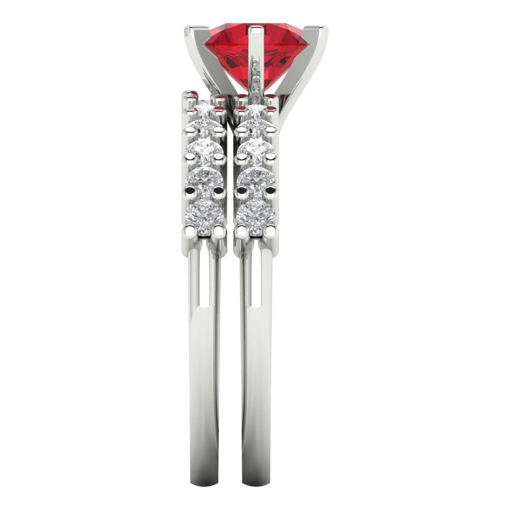 1.66 cttw Round Cut Simulated Ruby Bridal Set - Solid White Gold Engagement Ring & Wedding Band