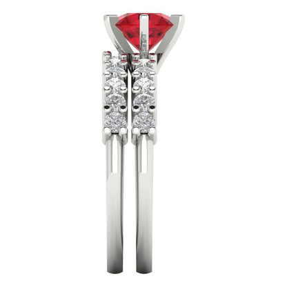 1.66 cttw Round Cut Simulated Ruby Bridal Set - Solid White Gold Engagement Ring & Wedding Band