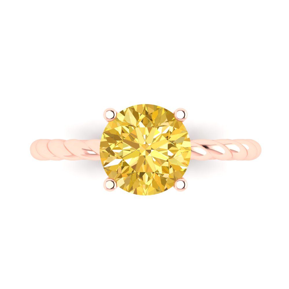 2 Round Cut Rope Knot Canary Yellow Simulated Diamond Classic Wedding Engagement Bridal Promise Designer Ring Real Solid 14k Rose Gold