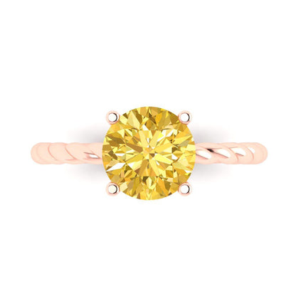2 Round Cut Rope Knot Canary Yellow Simulated Diamond Classic Wedding Engagement Bridal Promise Designer Ring Real Solid 14k Rose Gold