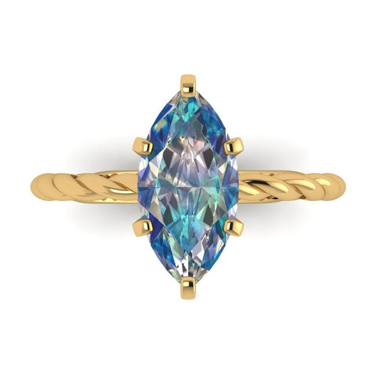 2 cttw Blue Moissanite Solitaire  Engagement Ring - Solid Yellow Gold (VVS1, Marquise Cut,12x6mm )