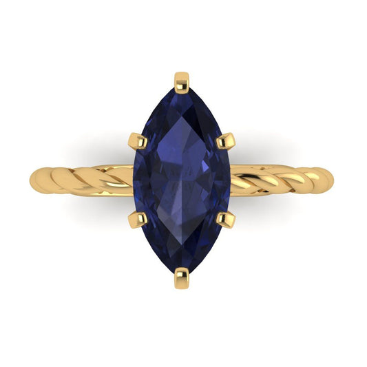 2 cttw Simulated Blue Sapphire Solitaire  Engagement Ring - Solid Yellow Gold (VVS1, Marquise Cut,12x6mm )