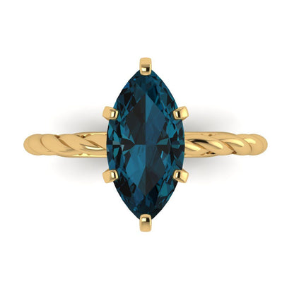 2 cttw Natural London Blue Topaz Solitaire  Engagement Ring - Solid Gold (Marquise Cut,12x6mm )