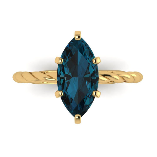 2 cttw Natural London Blue Topaz Solitaire  Engagement Ring - Solid Yellow Gold (VVS1, Marquise Cut,12x6mm )