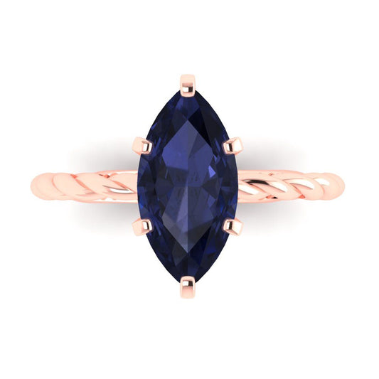 2 cttw Simulated Blue Sapphire Solitaire  Engagement Ring - Solid Rose Gold (VVS1, Marquise Cut,12x6mm )